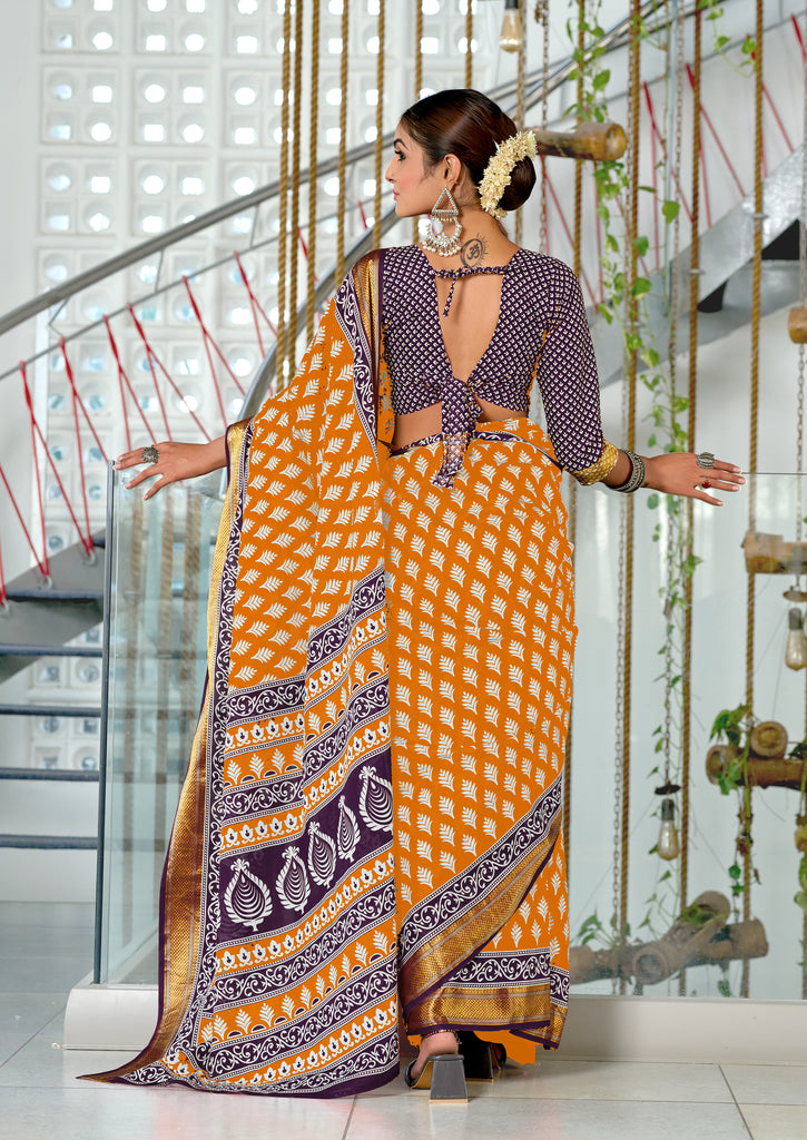 BASANTI PRIMUM PURE COTTON MULMUL BUTI HAND BLOCK PRINT WITH HEVAY ZARI BODAR GOLDEN SAREE