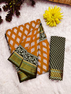 BASANTI PRIMUM PURE COTTON MULMUL BUTI HAND BLOCK PRINT WITH HEVAY ZARI BODAR GOLDEN SAREE