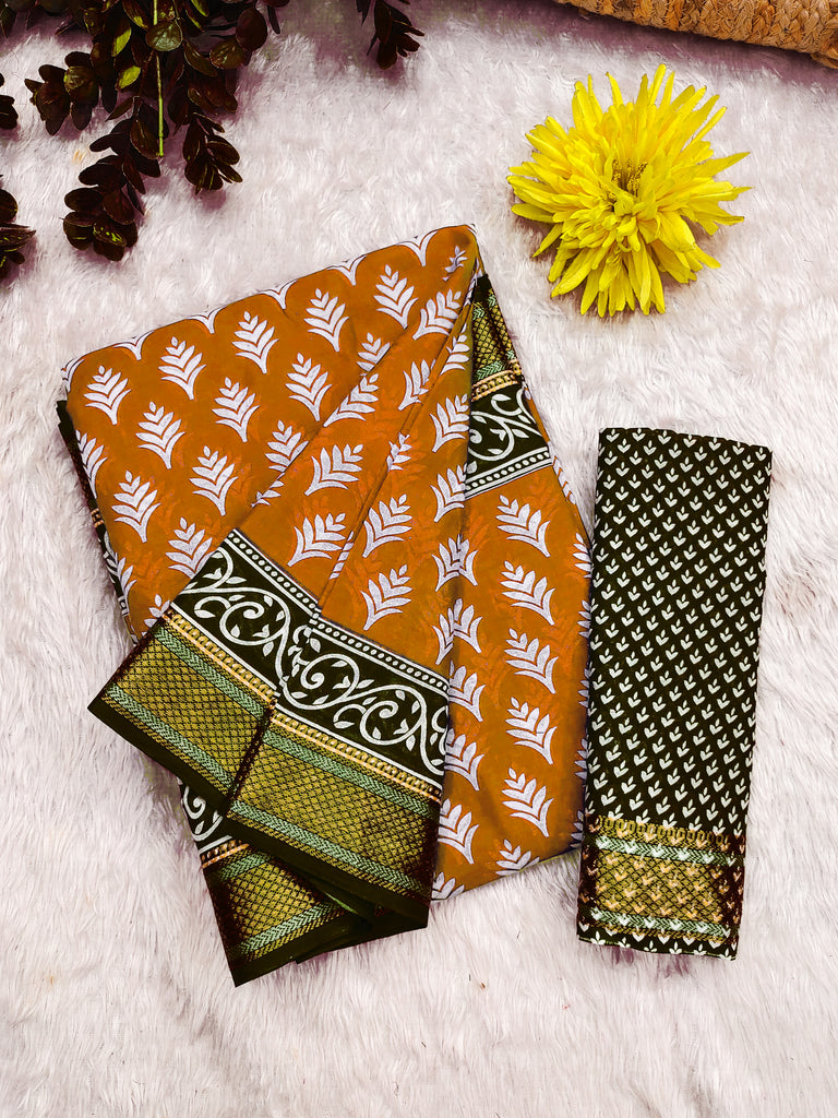 BASANTI PRIMUM PURE COTTON MULMUL BUTI HAND BLOCK PRINT WITH HEVAY ZARI BODAR GOLDEN SAREE