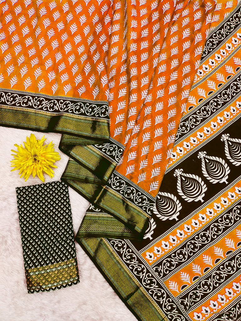BASANTI PRIMUM PURE COTTON MULMUL BUTI HAND BLOCK PRINT WITH HEVAY ZARI BODAR GOLDEN SAREE