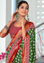 BASANTI PRIMUM PURE COTTON MULMUL BUTI HAND BLOCK PRINT WITH HEVAY ZARI BODAR GREEN SAREE