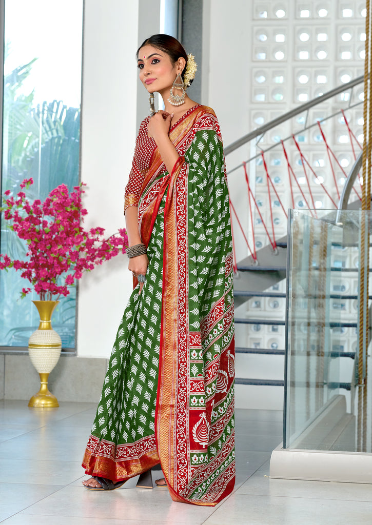 BASANTI PRIMUM PURE COTTON MULMUL BUTI HAND BLOCK PRINT WITH HEVAY ZARI BODAR GREEN SAREE