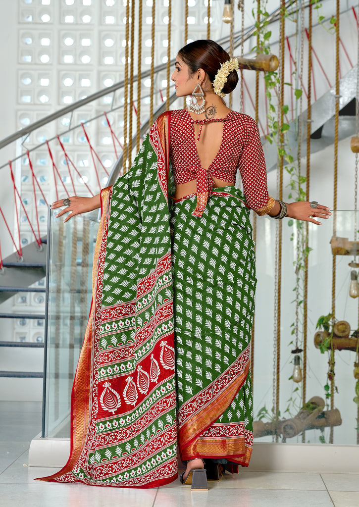 BASANTI PRIMUM PURE COTTON MULMUL BUTI HAND BLOCK PRINT WITH HEVAY ZARI BODAR GREEN SAREE