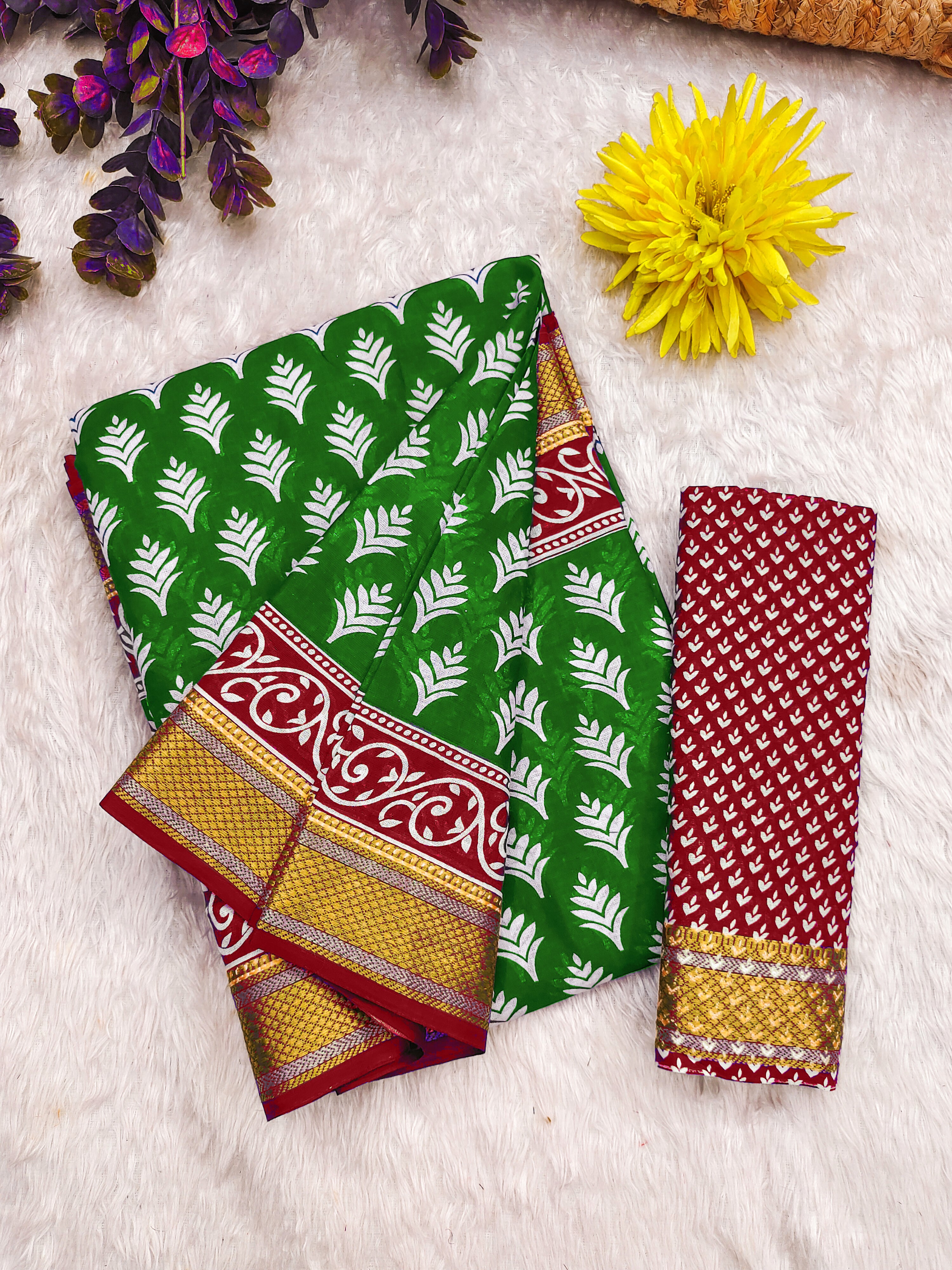 BASANTI PRIMUM PURE COTTON MULMUL BUTI HAND BLOCK PRINT WITH HEVAY ZARI BODAR GREEN SAREE