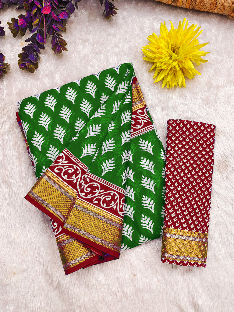 BASANTI PRIMUM PURE COTTON MULMUL BUTI HAND BLOCK PRINT WITH HEVAY ZARI BODAR GREEN SAREE