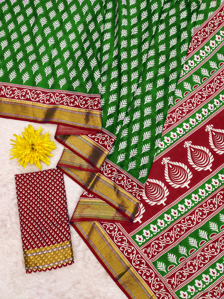 BASANTI PRIMUM PURE COTTON MULMUL BUTI HAND BLOCK PRINT WITH HEVAY ZARI BODAR GREEN SAREE