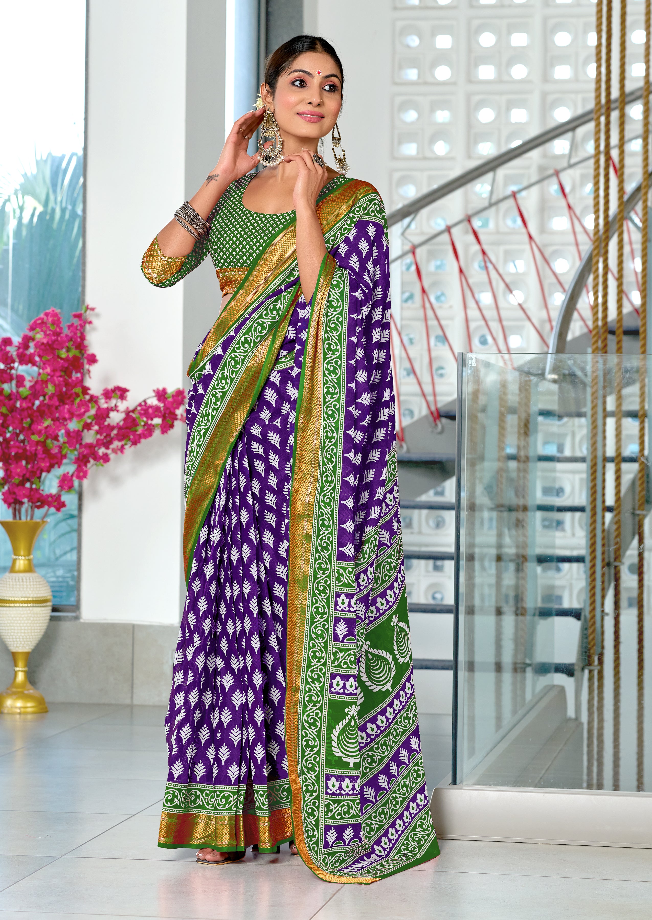 BASANTI PRIMUM PURE COTTON MULMUL BUTI HAND BLOCK PRINT WITH HEVAY ZARI BODAR PURPLE SAREE