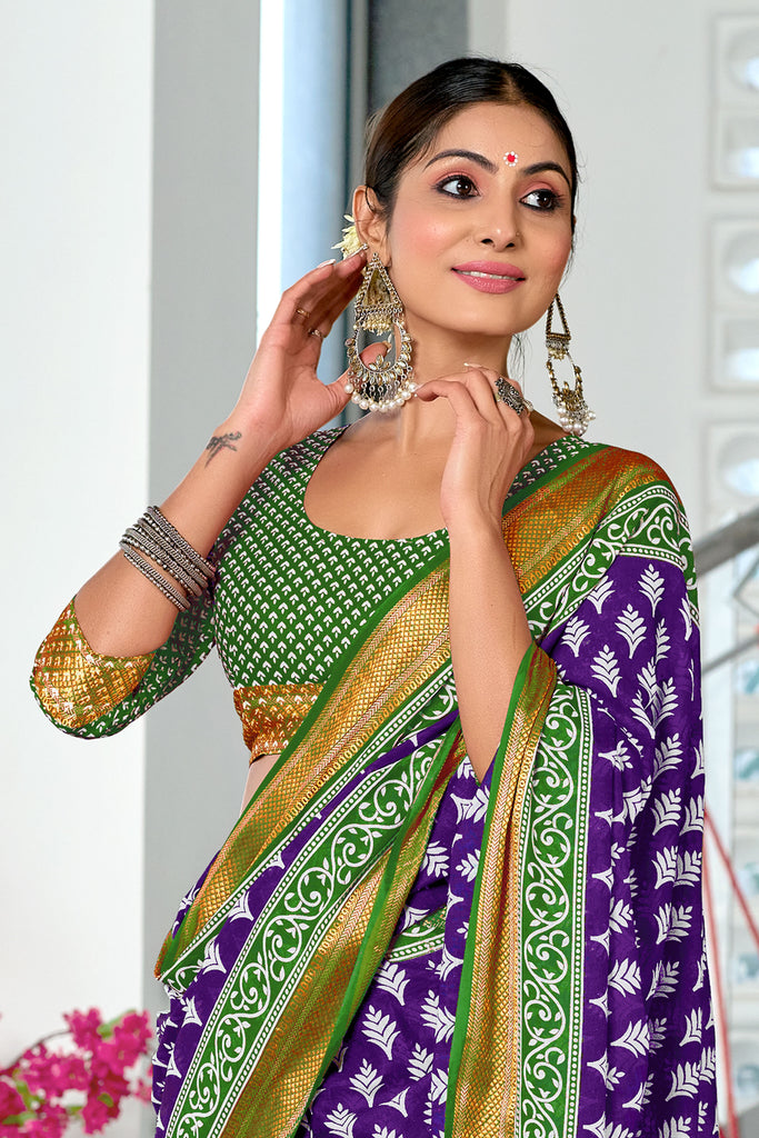 BASANTI PRIMUM PURE COTTON MULMUL BUTI HAND BLOCK PRINT WITH HEVAY ZARI BODAR PURPLE SAREE