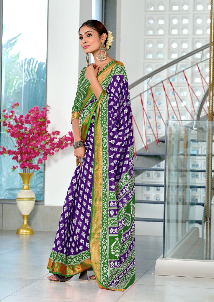 BASANTI PRIMUM PURE COTTON MULMUL BUTI HAND BLOCK PRINT WITH HEVAY ZARI BODAR PURPLE SAREE