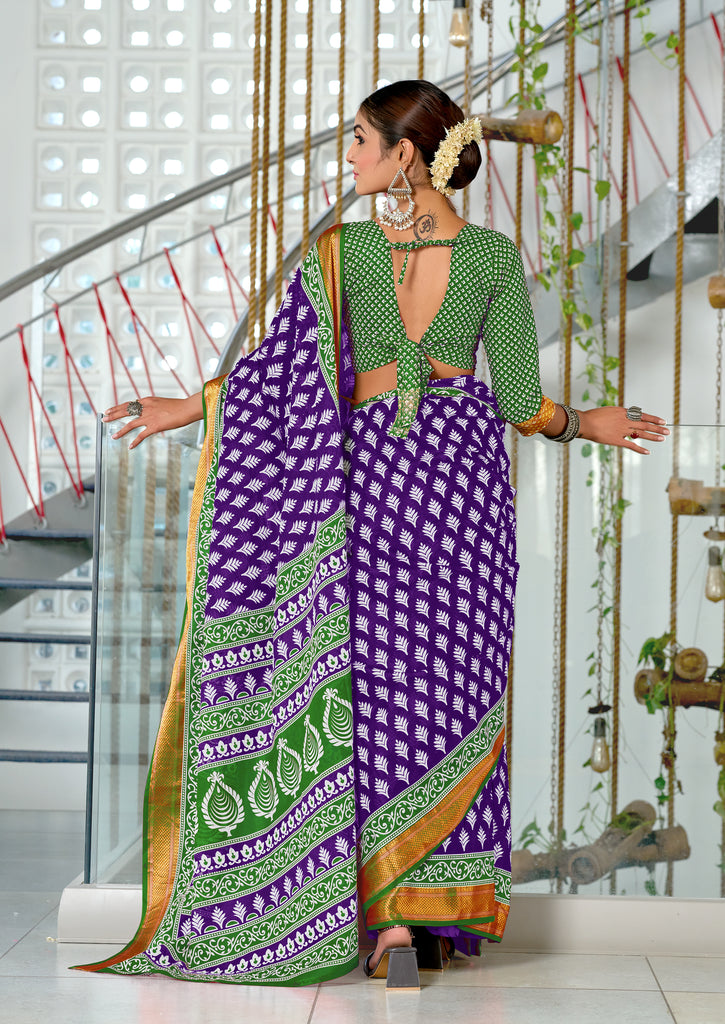 BASANTI PRIMUM PURE COTTON MULMUL BUTI HAND BLOCK PRINT WITH HEVAY ZARI BODAR PURPLE SAREE