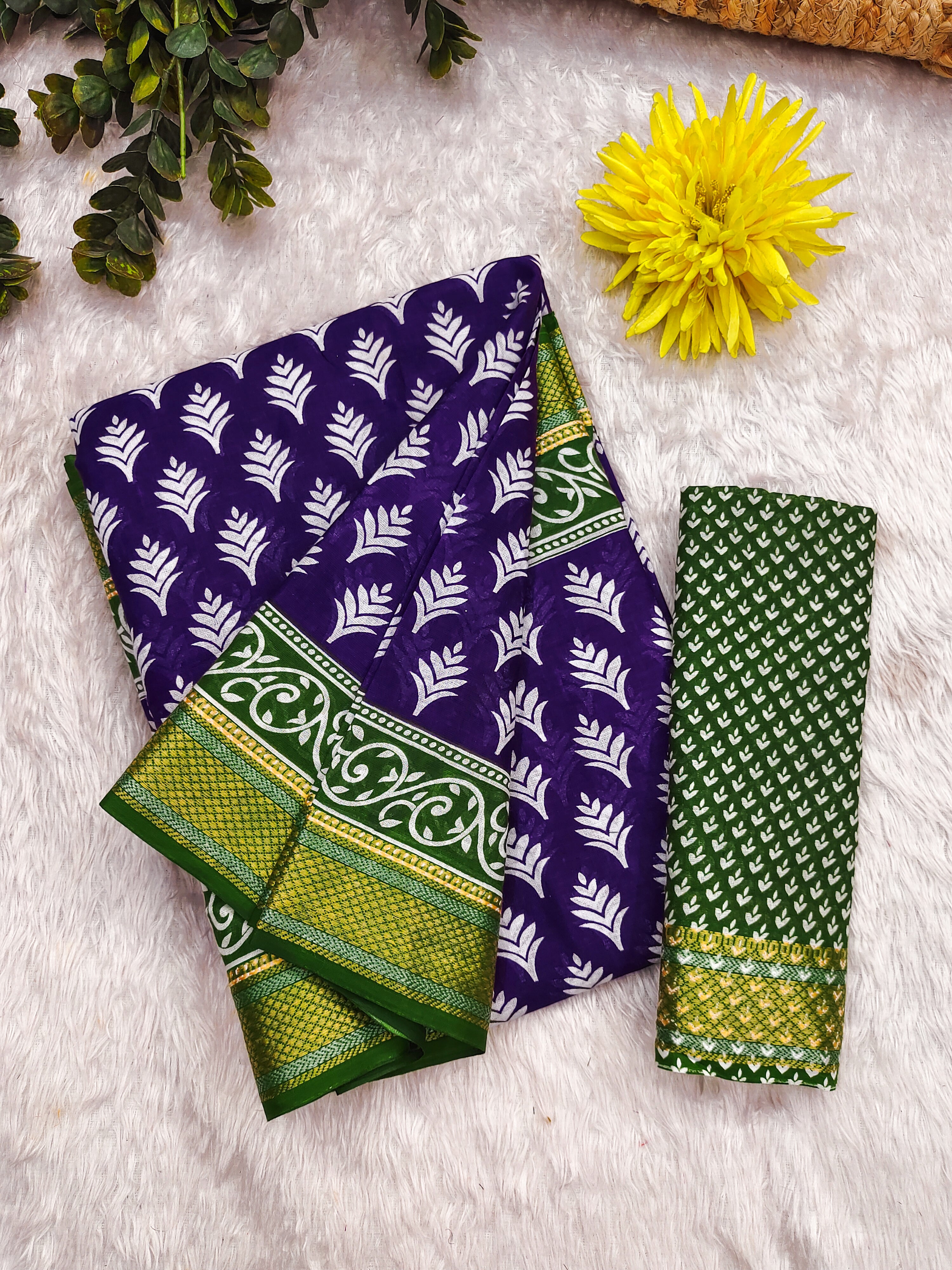 BASANTI PRIMUM PURE COTTON MULMUL BUTI HAND BLOCK PRINT WITH HEVAY ZARI BODAR PURPLE SAREE