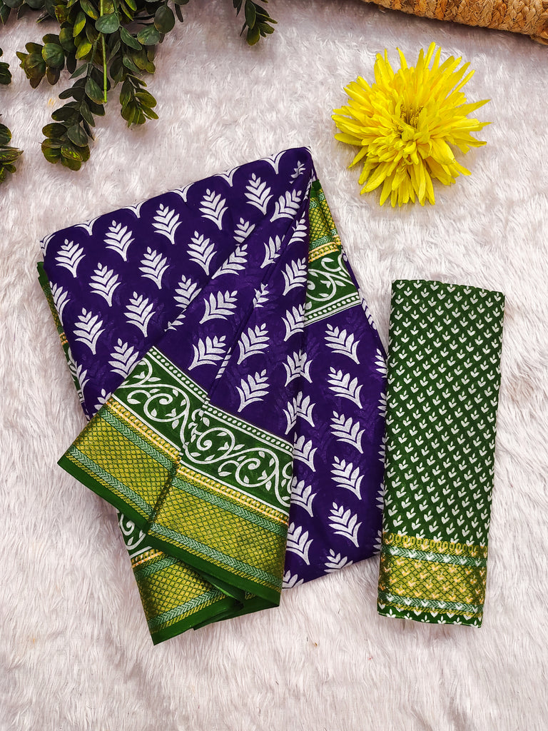 BASANTI PRIMUM PURE COTTON MULMUL BUTI HAND BLOCK PRINT WITH HEVAY ZARI BODAR PURPLE SAREE