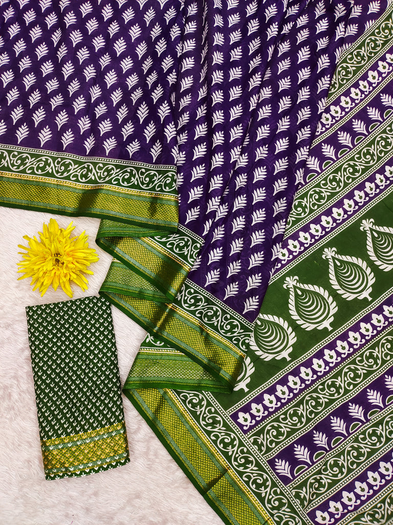 BASANTI PRIMUM PURE COTTON MULMUL BUTI HAND BLOCK PRINT WITH HEVAY ZARI BODAR PURPLE SAREE