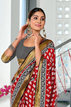 BASANTI PRIMUM PURE COTTON MULMUL BUTI HAND BLOCK PRINT WITH HEVAY ZARI BODAR RED SAREE