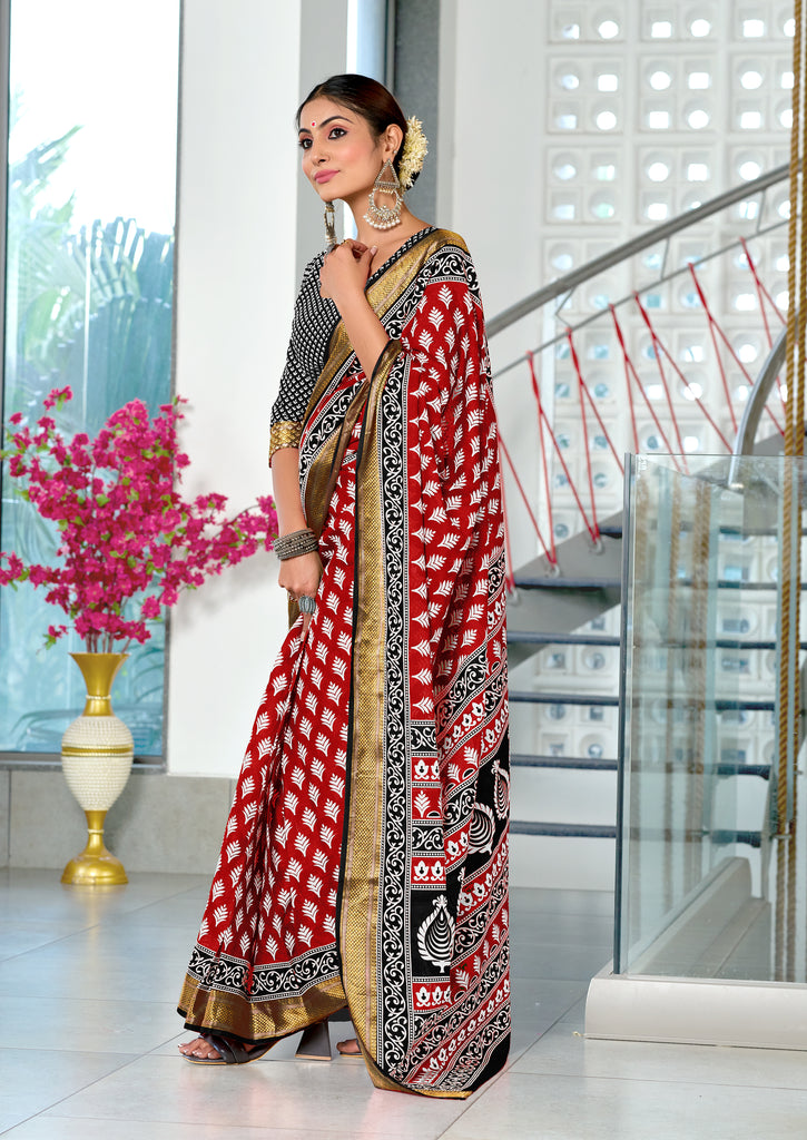 BASANTI PRIMUM PURE COTTON MULMUL BUTI HAND BLOCK PRINT WITH HEVAY ZARI BODAR RED SAREE