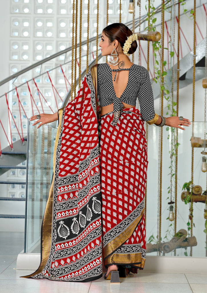 BASANTI PRIMUM PURE COTTON MULMUL BUTI HAND BLOCK PRINT WITH HEVAY ZARI BODAR RED SAREE