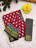 BASANTI PRIMUM PURE COTTON MULMUL BUTI HAND BLOCK PRINT WITH HEVAY ZARI BODAR RED SAREE
