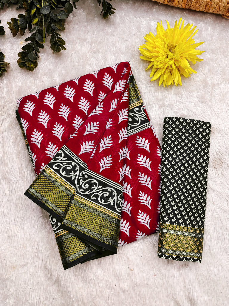 BASANTI PRIMUM PURE COTTON MULMUL BUTI HAND BLOCK PRINT WITH HEVAY ZARI BODAR RED SAREE