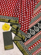 BASANTI PRIMUM PURE COTTON MULMUL BUTI HAND BLOCK PRINT WITH HEVAY ZARI BODAR RED SAREE