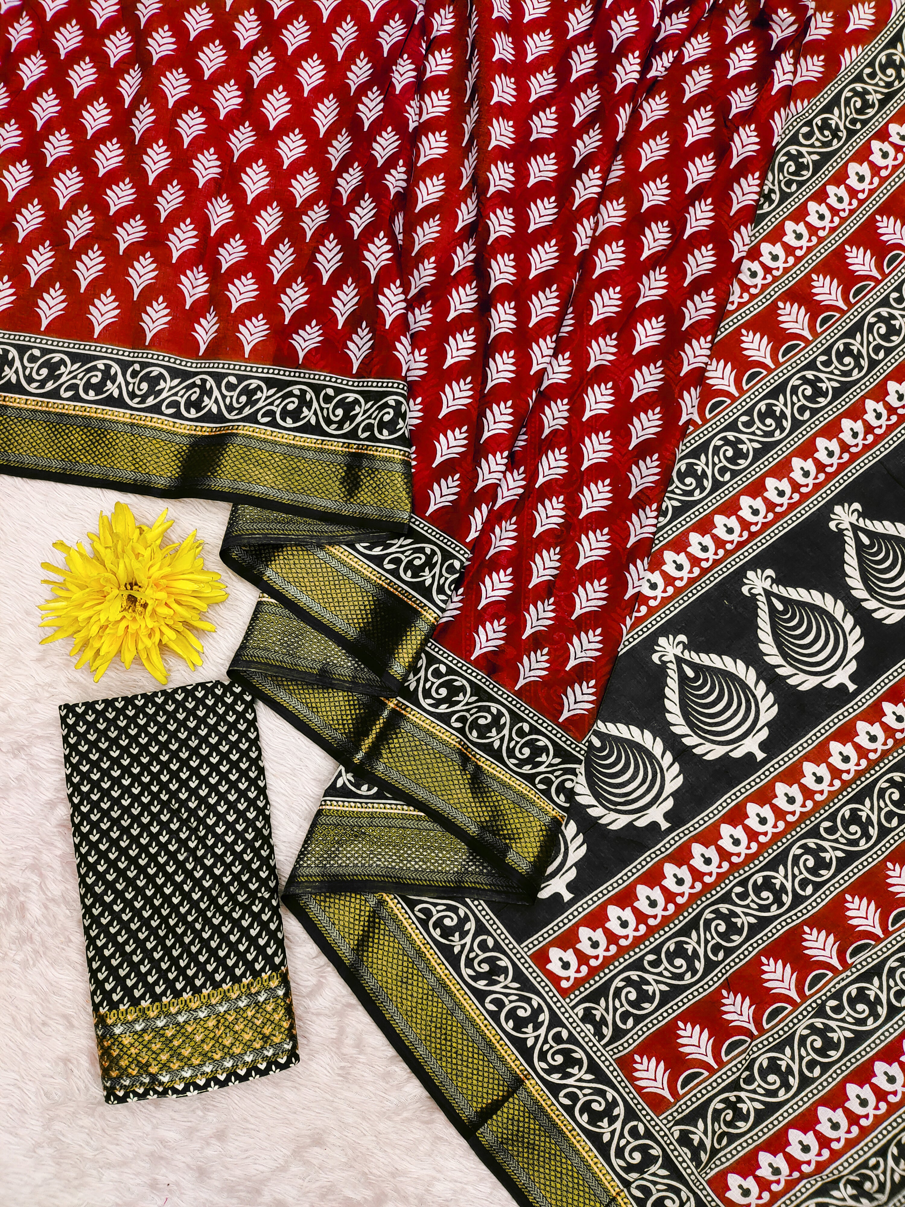 BASANTI PRIMUM PURE COTTON MULMUL BUTI HAND BLOCK PRINT WITH HEVAY ZARI BODAR RED SAREE