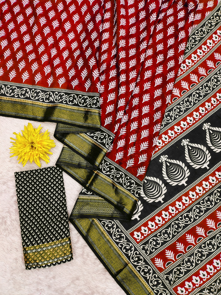 BASANTI PRIMUM PURE COTTON MULMUL BUTI HAND BLOCK PRINT WITH HEVAY ZARI BODAR RED SAREE