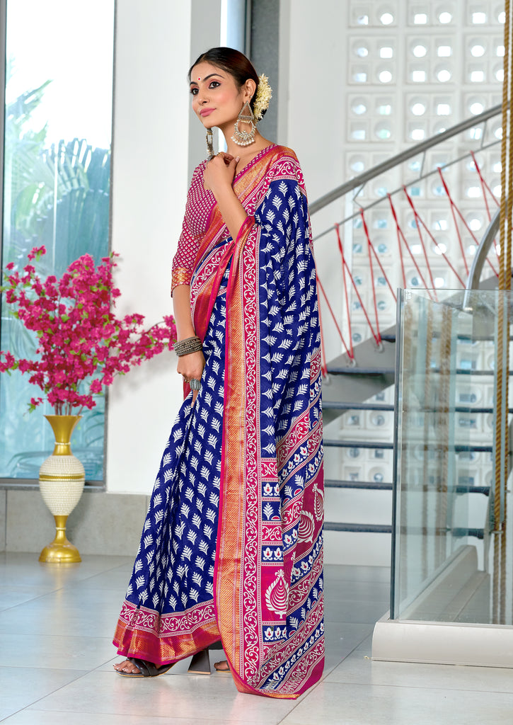 BASANTI PRIMUM PURE COTTON MULMUL BUTI HAND BLOCK PRINT WITH HEVAY ZARI BODAR BLUE SAREE