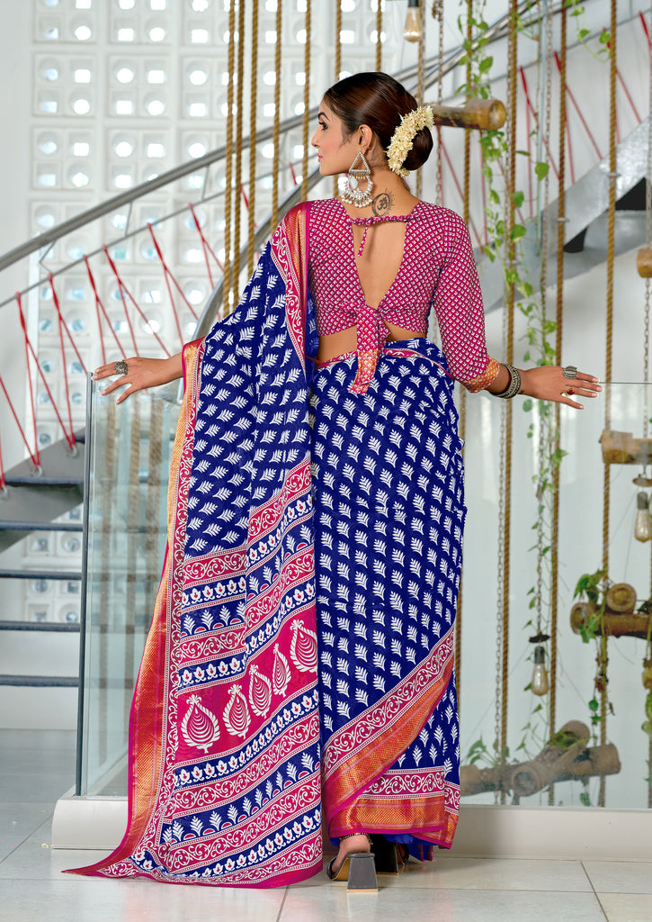 BASANTI PRIMUM PURE COTTON MULMUL BUTI HAND BLOCK PRINT WITH HEVAY ZARI BODAR BLUE SAREE
