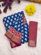 BASANTI PRIMUM PURE COTTON MULMUL BUTI HAND BLOCK PRINT WITH HEVAY ZARI BODAR BLUE SAREE