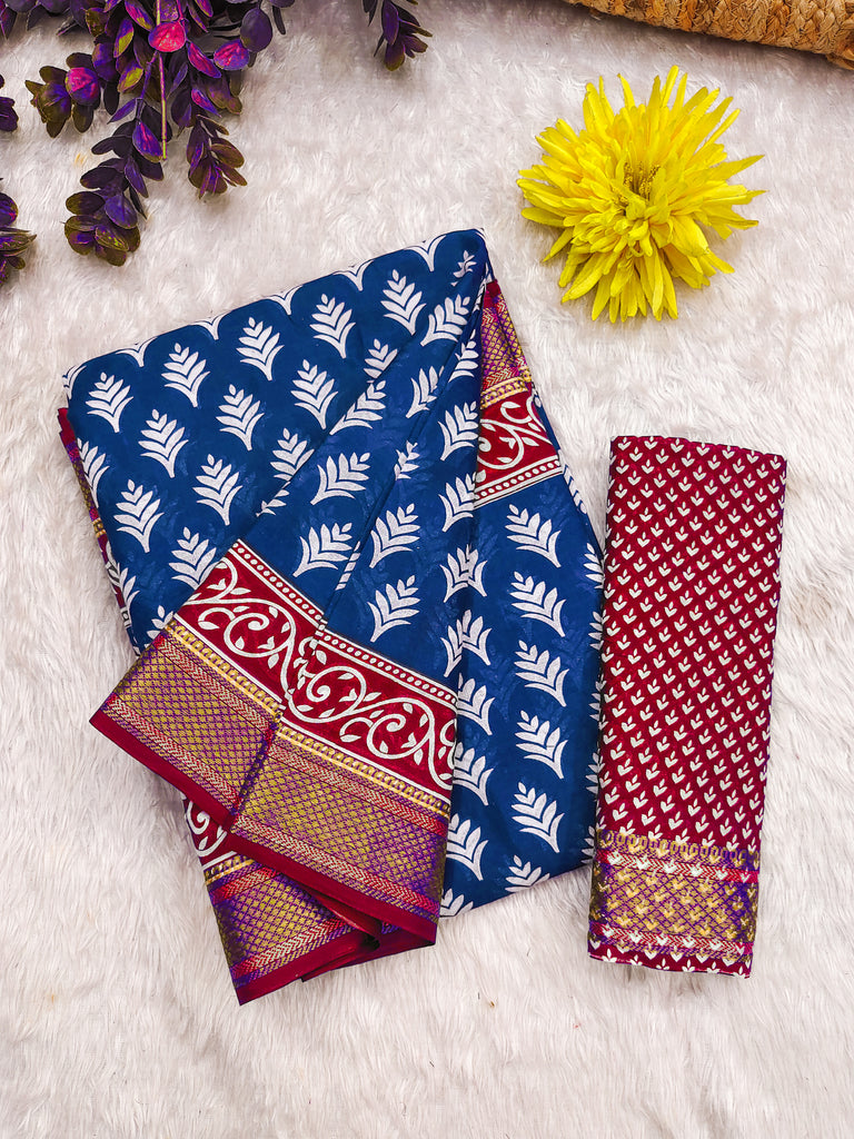 BASANTI PRIMUM PURE COTTON MULMUL BUTI HAND BLOCK PRINT WITH HEVAY ZARI BODAR BLUE SAREE
