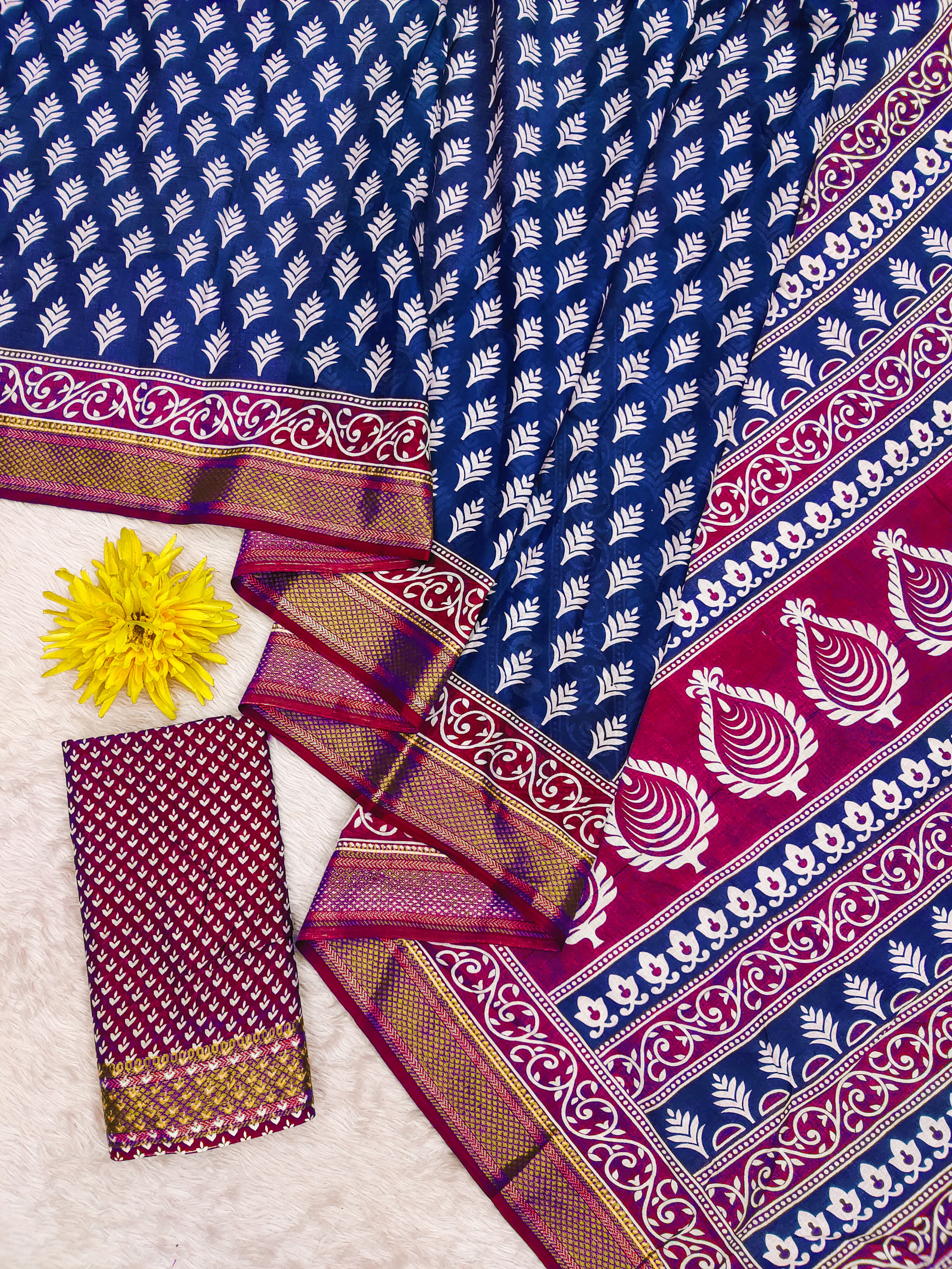 BASANTI PRIMUM PURE COTTON MULMUL BUTI HAND BLOCK PRINT WITH HEVAY ZARI BODAR BLUE SAREE
