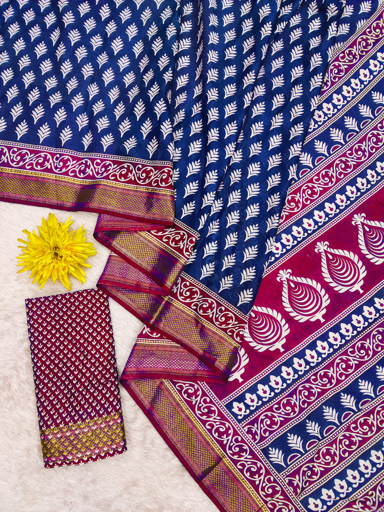 BASANTI PRIMUM PURE COTTON MULMUL BUTI HAND BLOCK PRINT WITH HEVAY ZARI BODAR BLUE SAREE