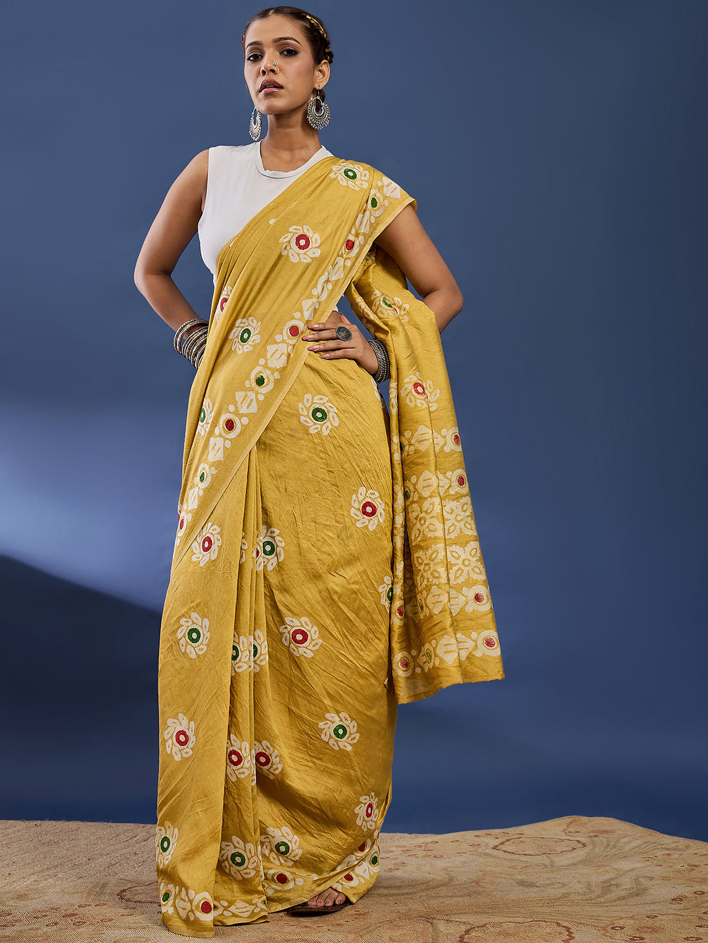 BATIK1 PURE CHANDERI COTTON SILK YELLOW SAREE