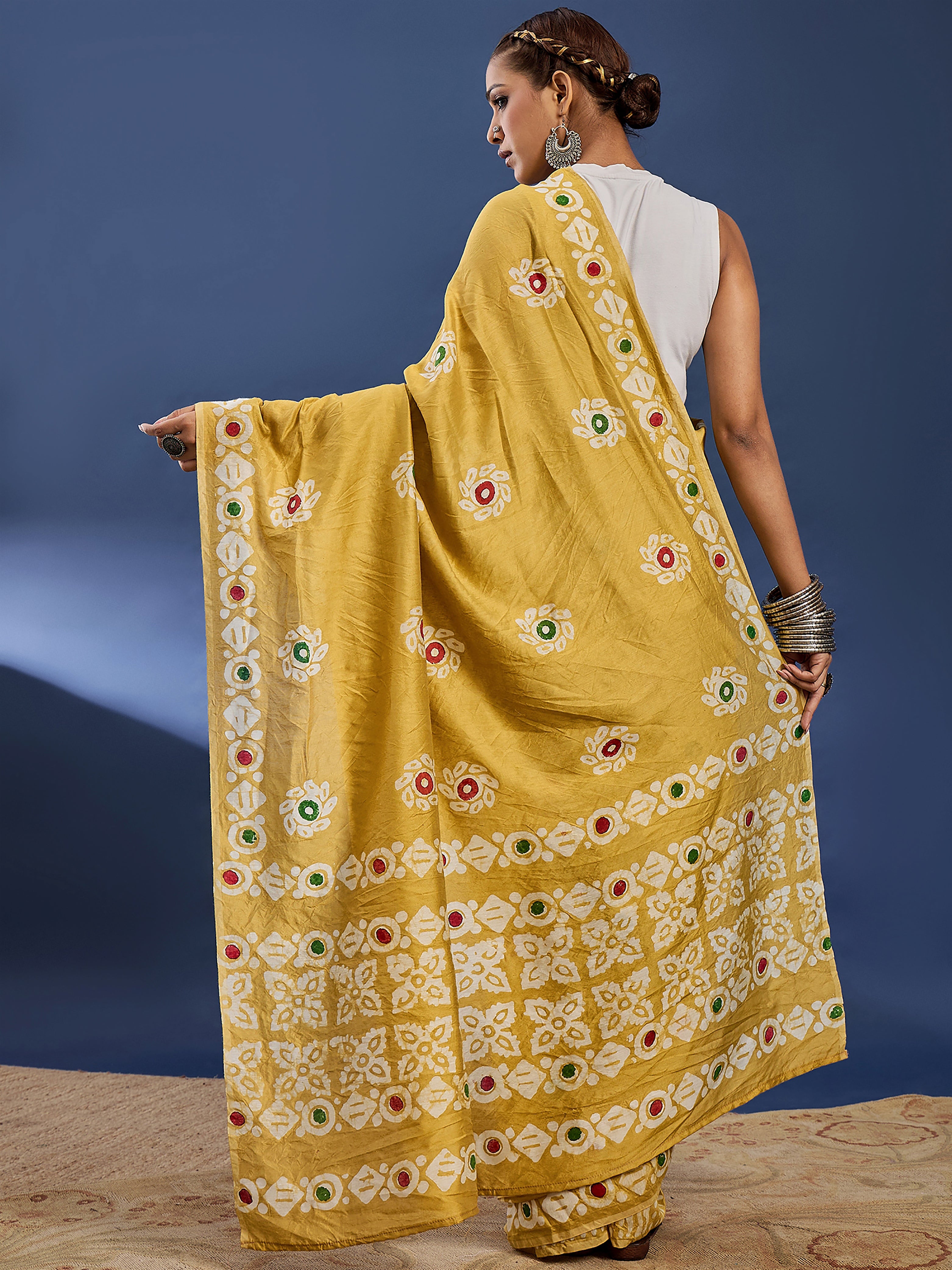 BATIK1 PURE CHANDERI COTTON SILK YELLOW SAREE