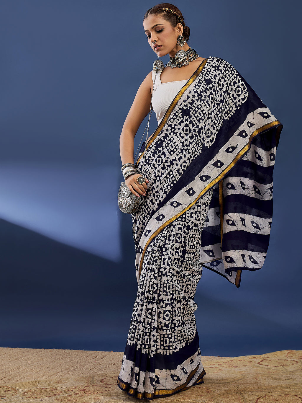 BATIK2 BIRLA PRIMUM RANGE MULMUL COTTON ZARI BODAR NEVY BLUE SAREE