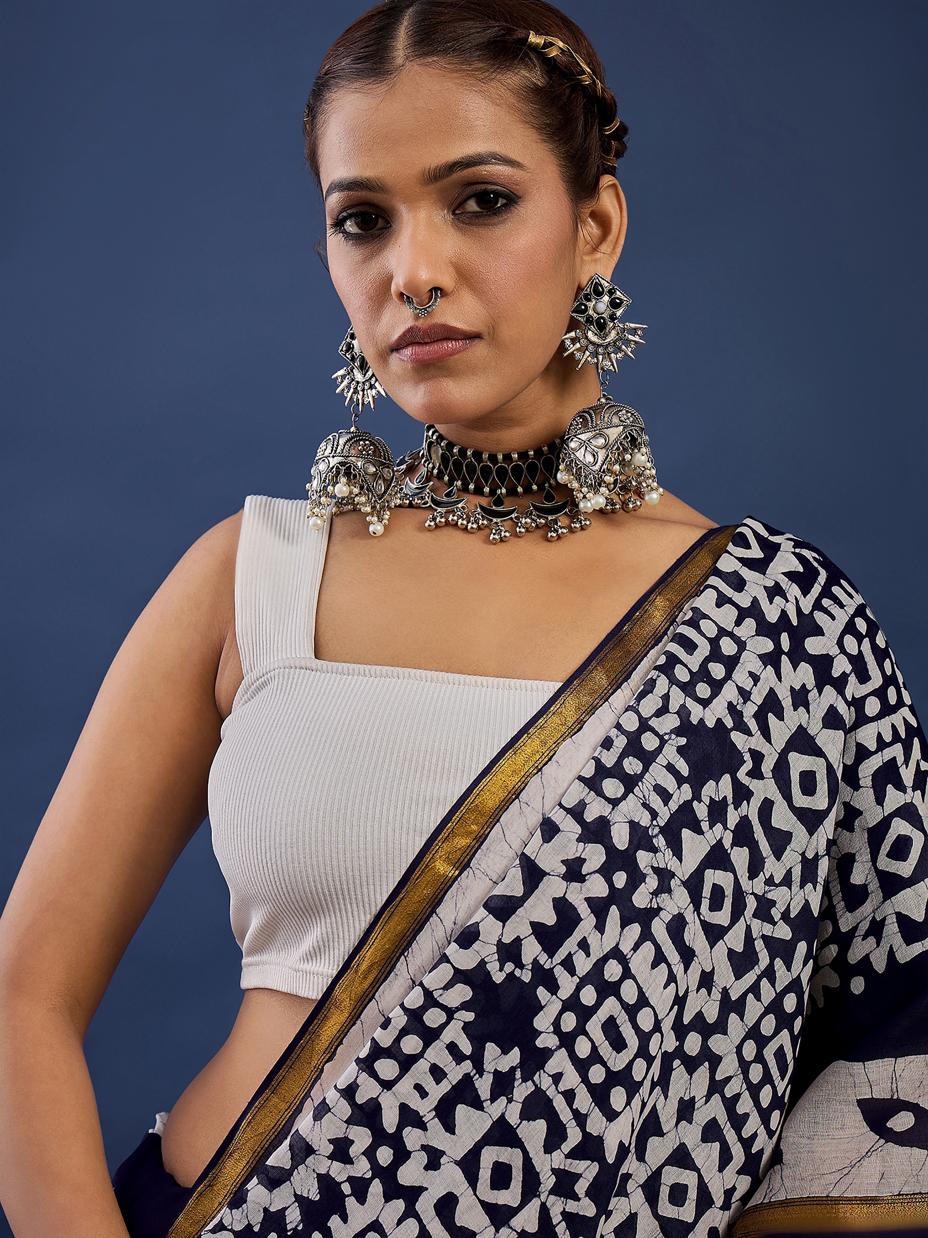 BATIK2 BIRLA PRIMUM RANGE MULMUL COTTON ZARI BODAR NEVY BLUE SAREE