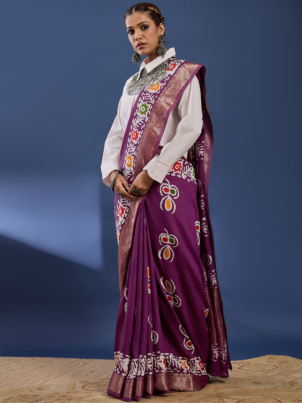 BATIK3 MODAL VISCOSE BLAND WITH MUSTRISE COTTON SOFT SILK PURPLE SAREE