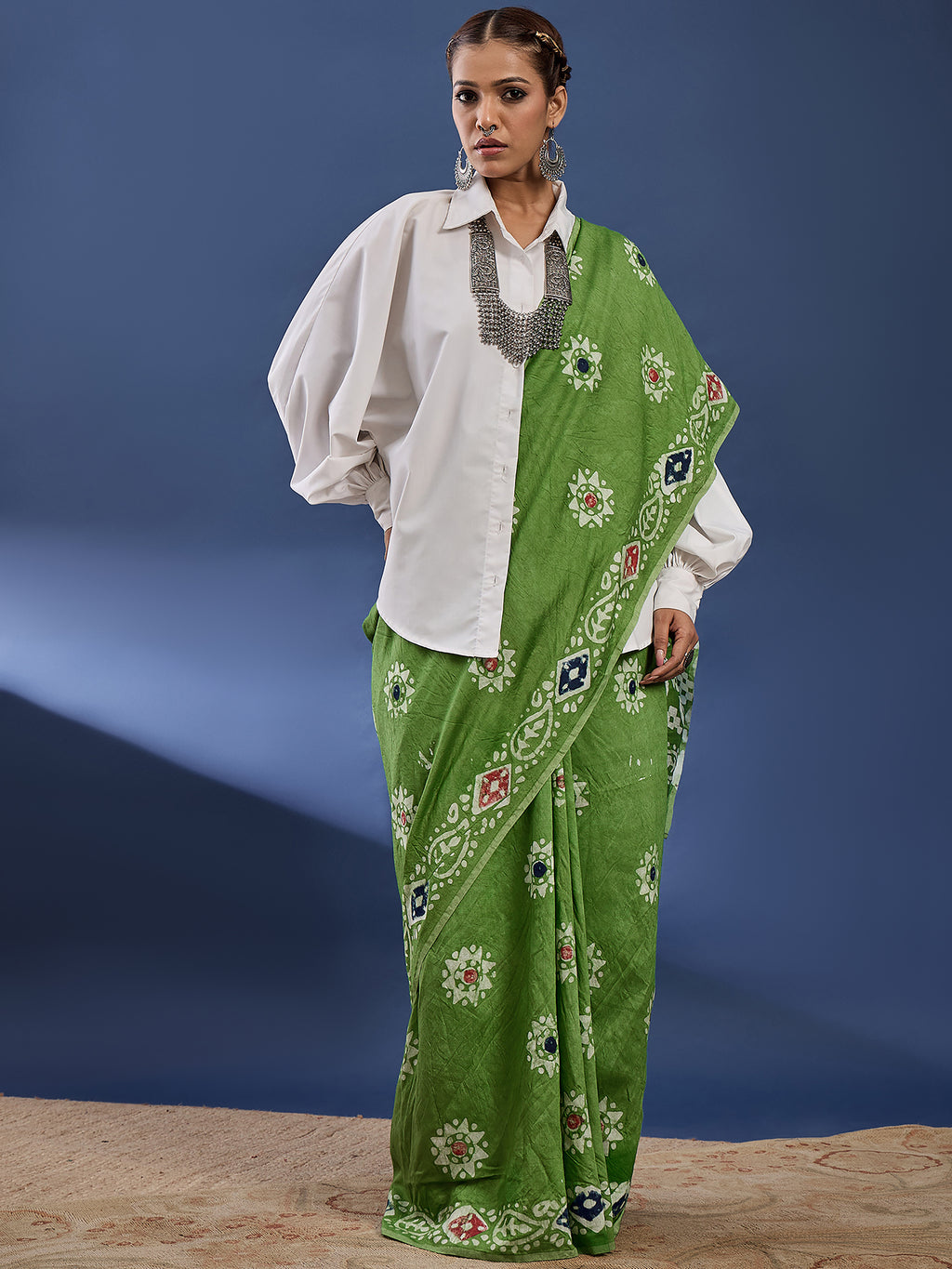 BATIK6 TRADITIONAL ORIGINAL WEX BATIK PURE CHANDERI COTTON SILK GREEN SAREE