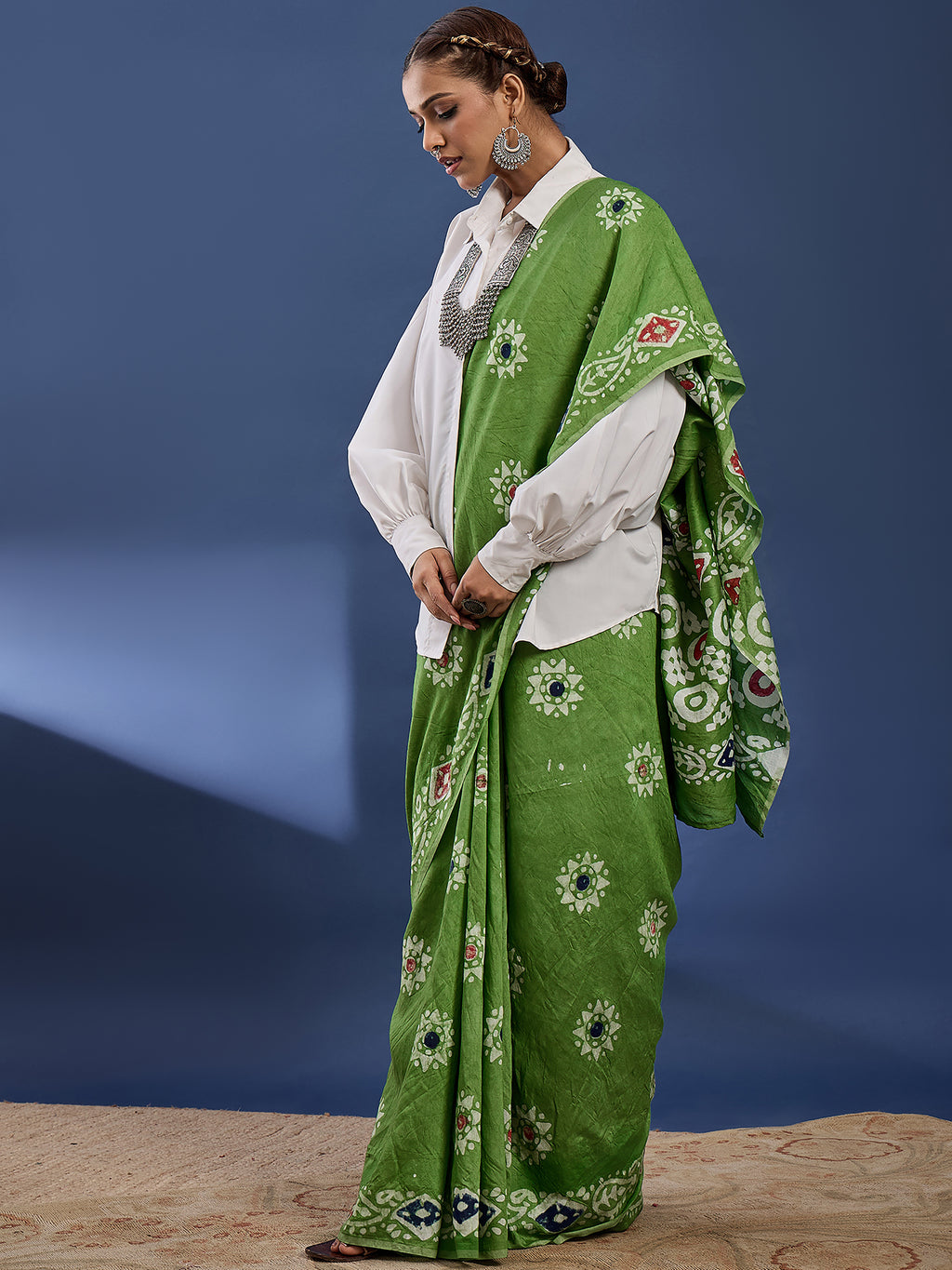 BATIK6 TRADITIONAL ORIGINAL WEX BATIK PURE CHANDERI COTTON SILK GREEN SAREE