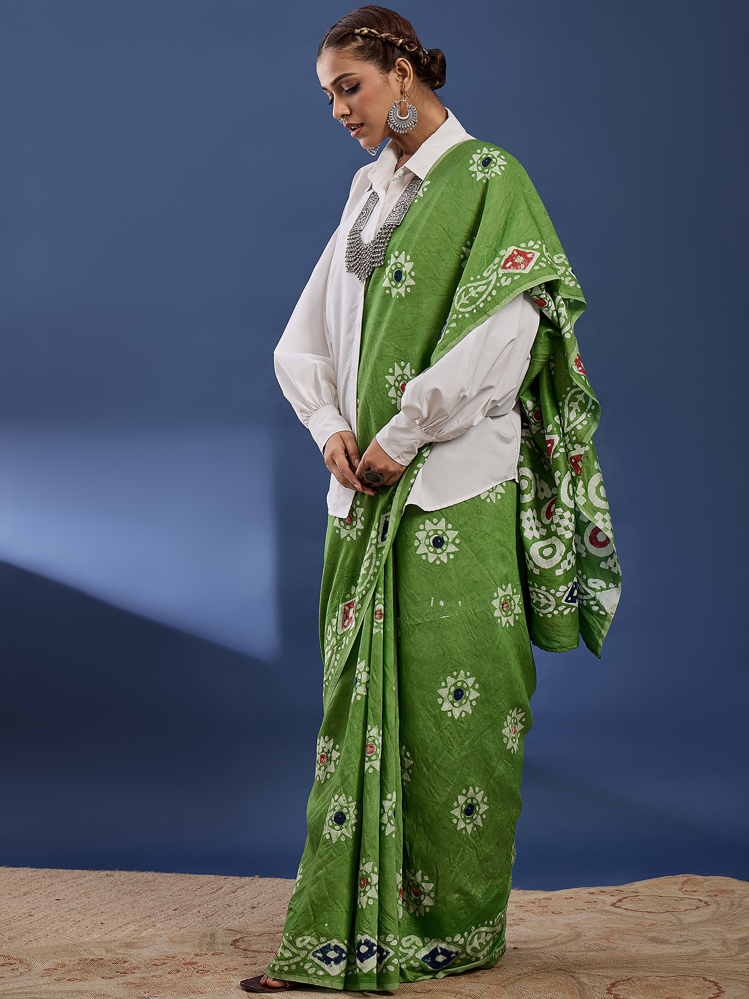 BATIK6 TRADITIONAL ORIGINAL WEX BATIK PURE CHANDERI COTTON SILK GREEN SAREE