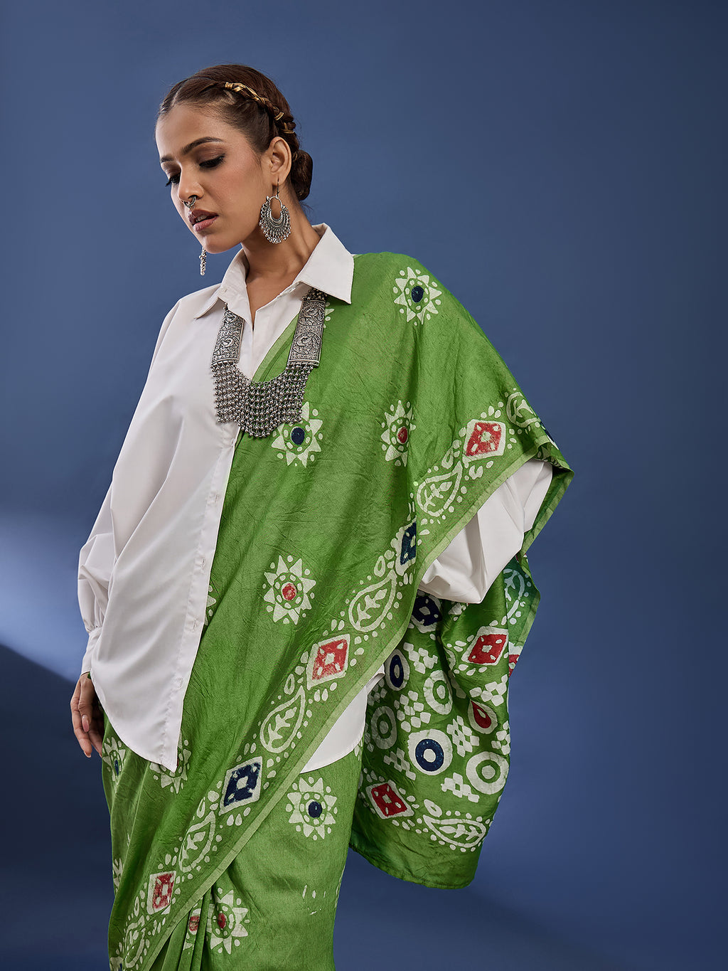 BATIK6 TRADITIONAL ORIGINAL WEX BATIK PURE CHANDERI COTTON SILK GREEN SAREE