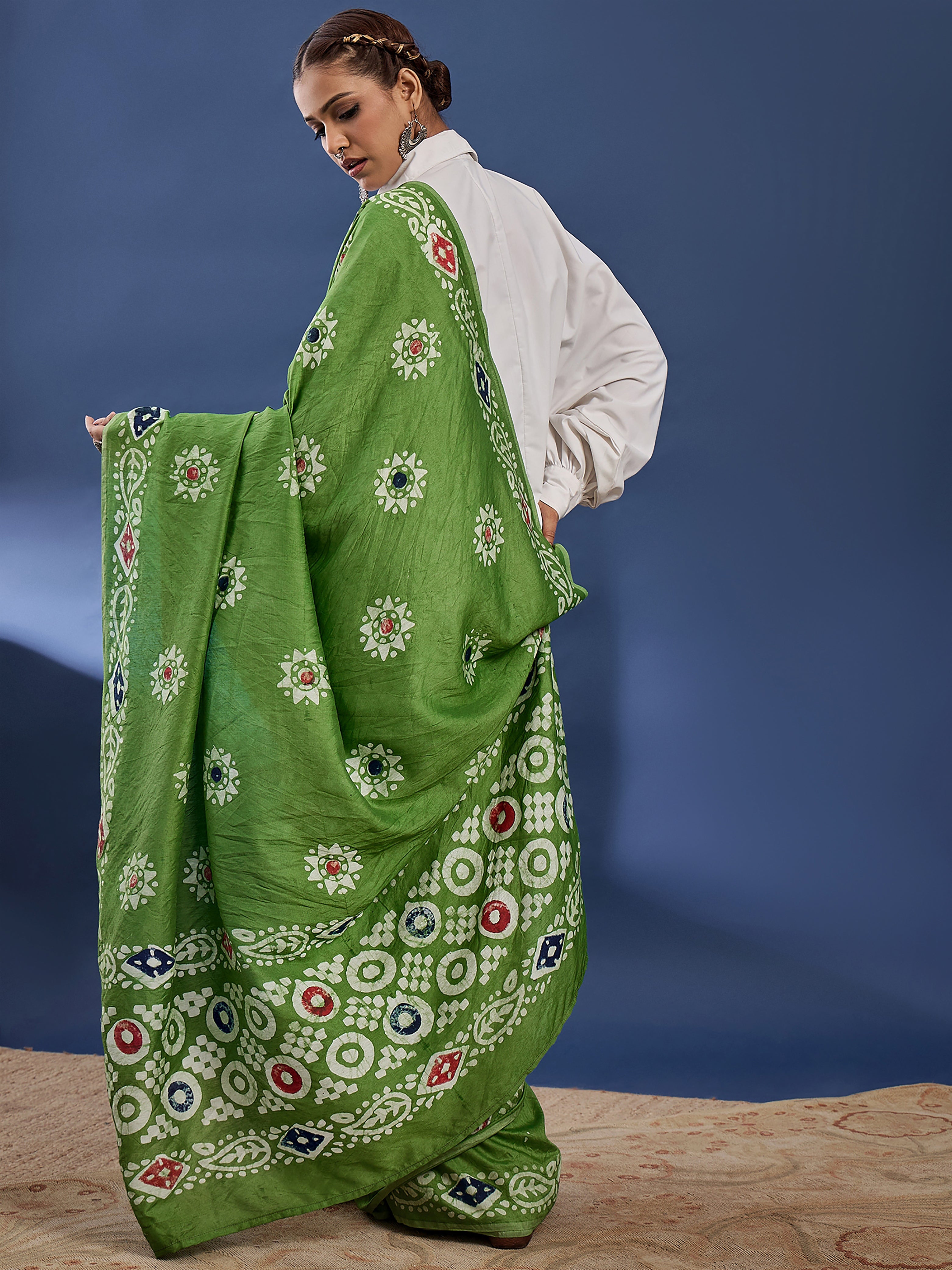 BATIK6 TRADITIONAL ORIGINAL WEX BATIK PURE CHANDERI COTTON SILK GREEN SAREE