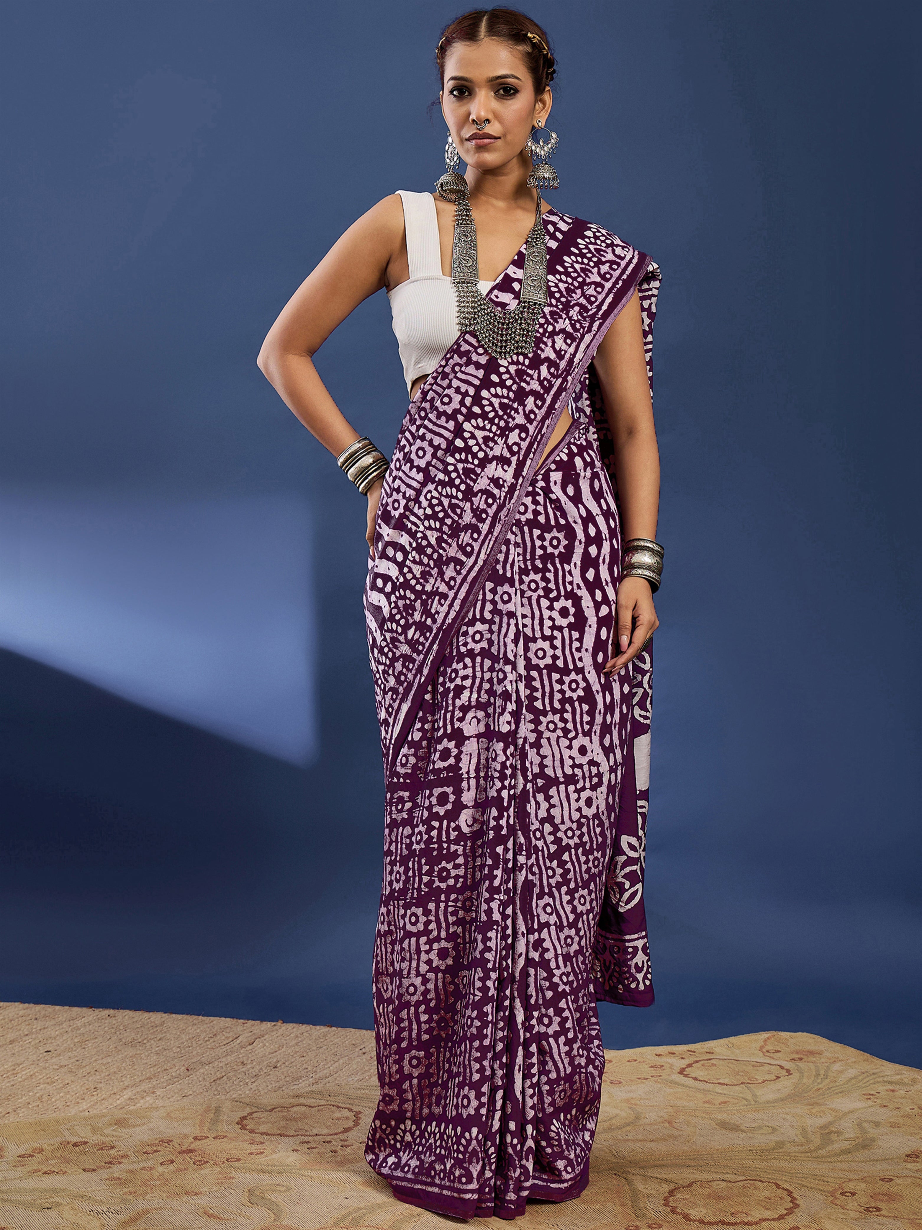 BATIK8 TRADITIONAL ORIGINAL WEX BATIK CHANDERI COTTON SILK PURPLE SAREE