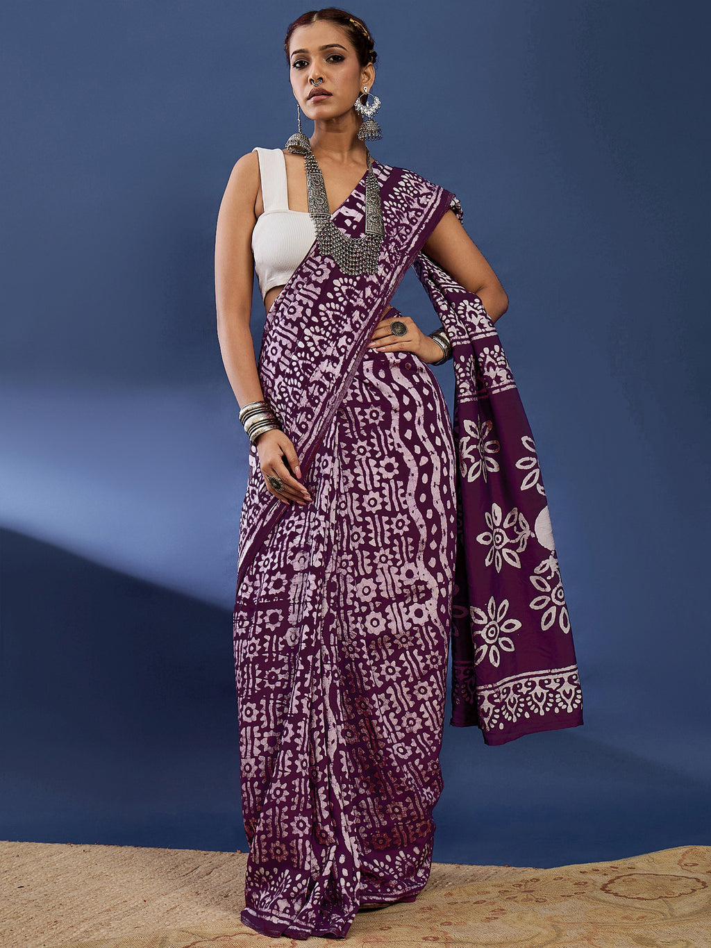 BATIK8 TRADITIONAL ORIGINAL WEX BATIK CHANDERI COTTON SILK PURPLE SAREE