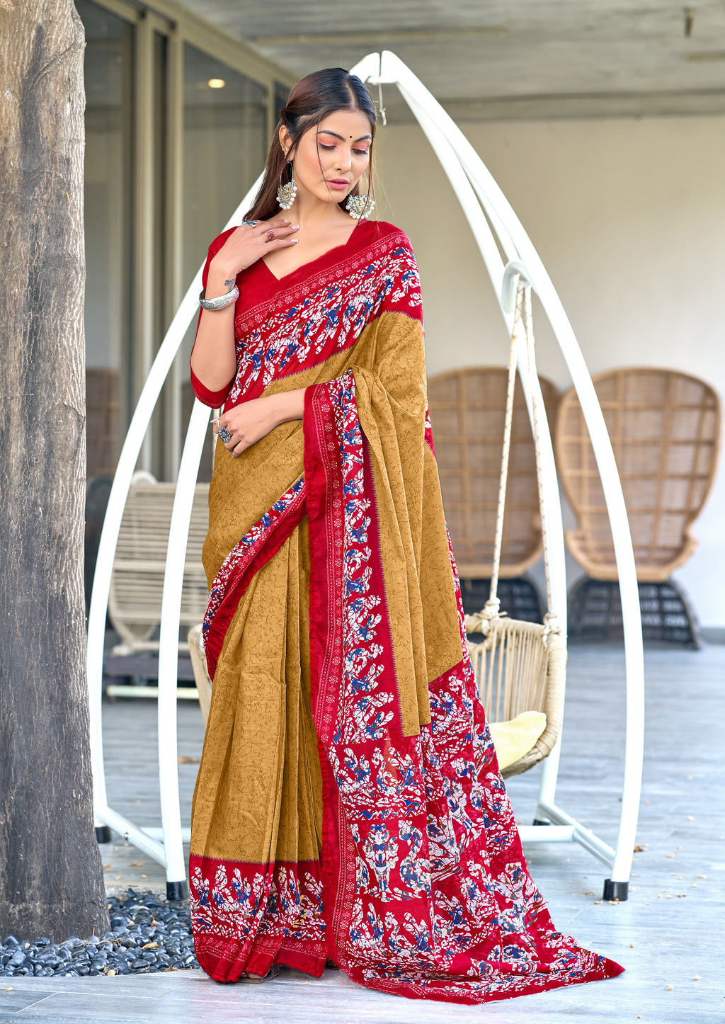 HAND BATIK PRINT MULMUL COTTON GOLDEN SAREE