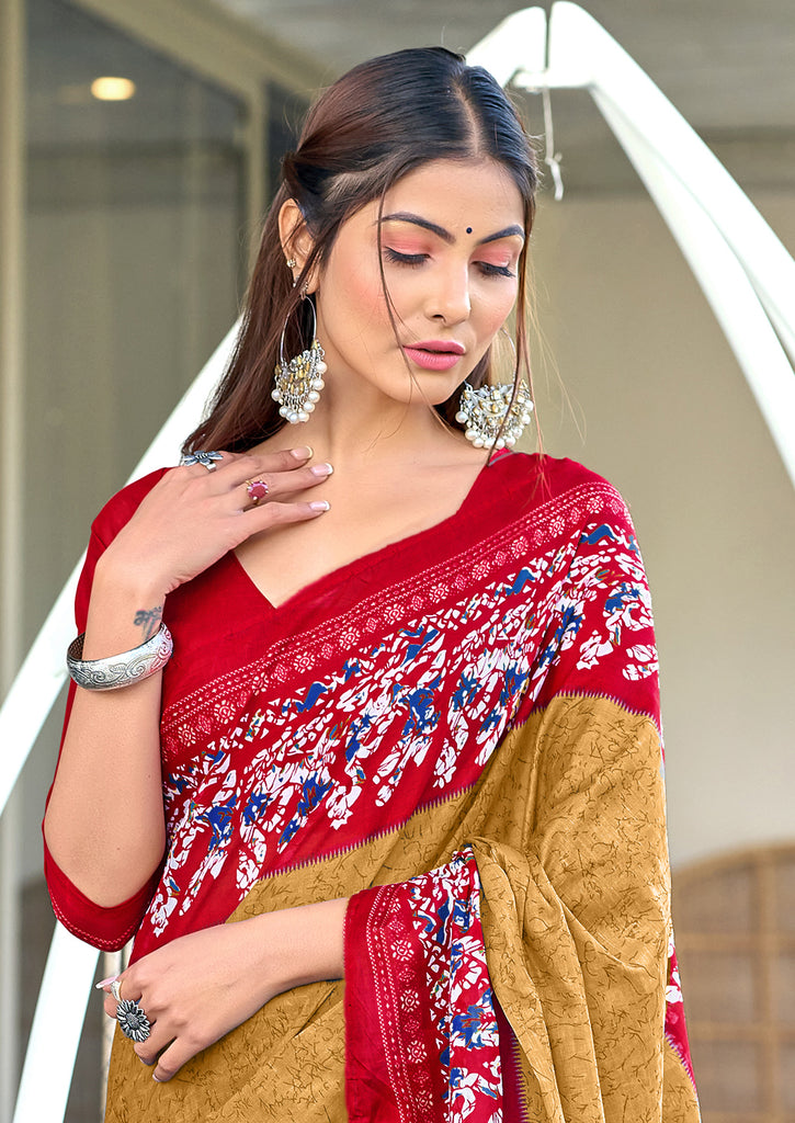 HAND BATIK PRINT MULMUL COTTON GOLDEN SAREE