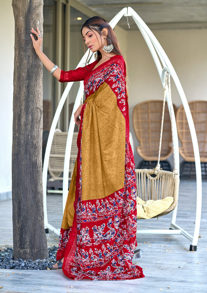 HAND BATIK PRINT MULMUL COTTON GOLDEN SAREE