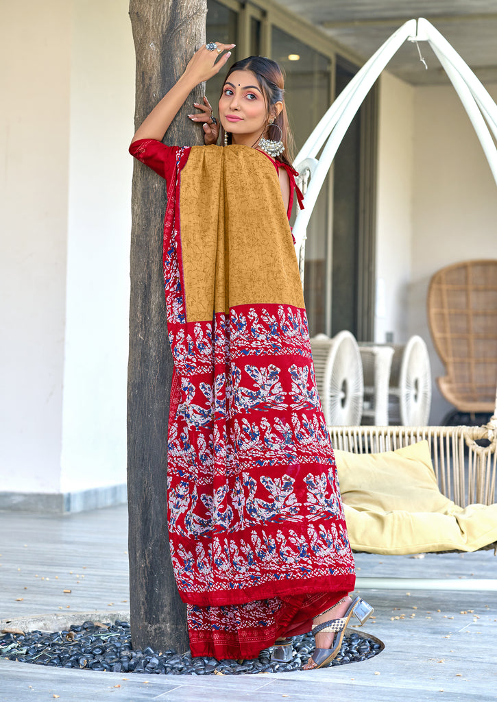 HAND BATIK PRINT MULMUL COTTON GOLDEN SAREE