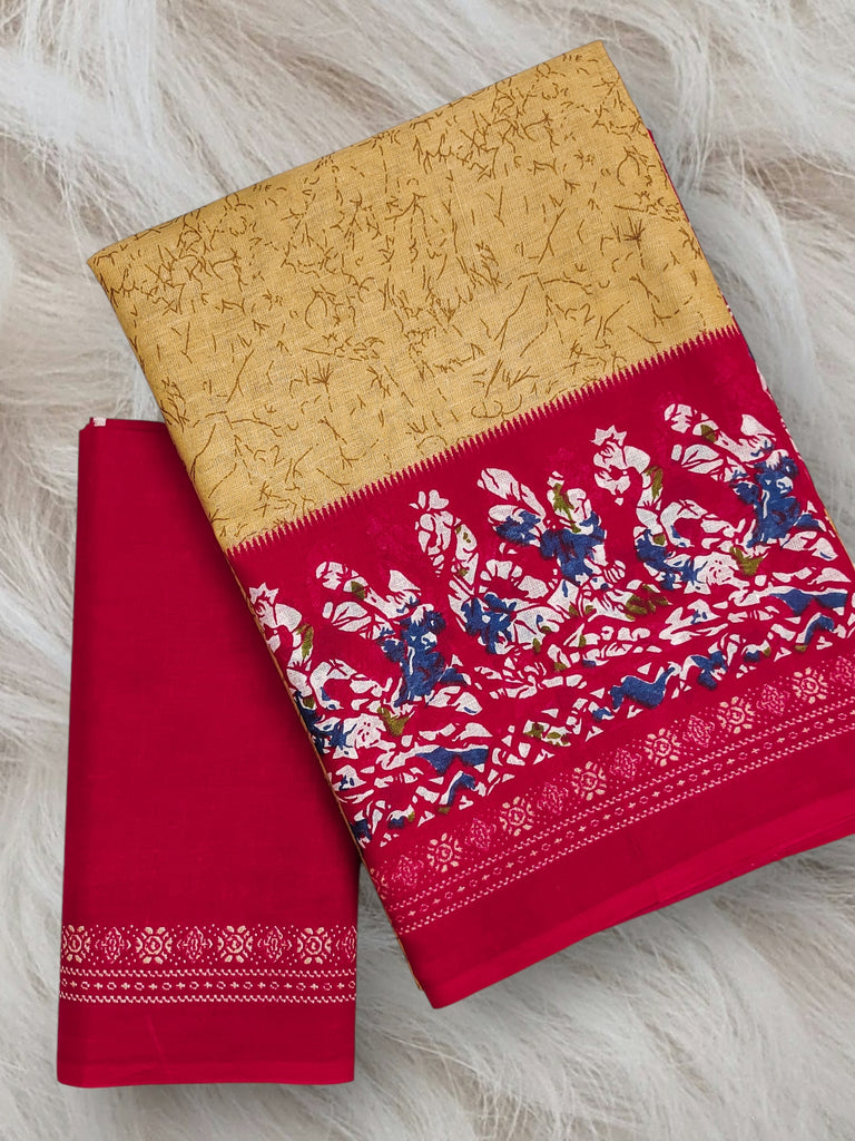 HAND BATIK PRINT MULMUL COTTON GOLDEN SAREE