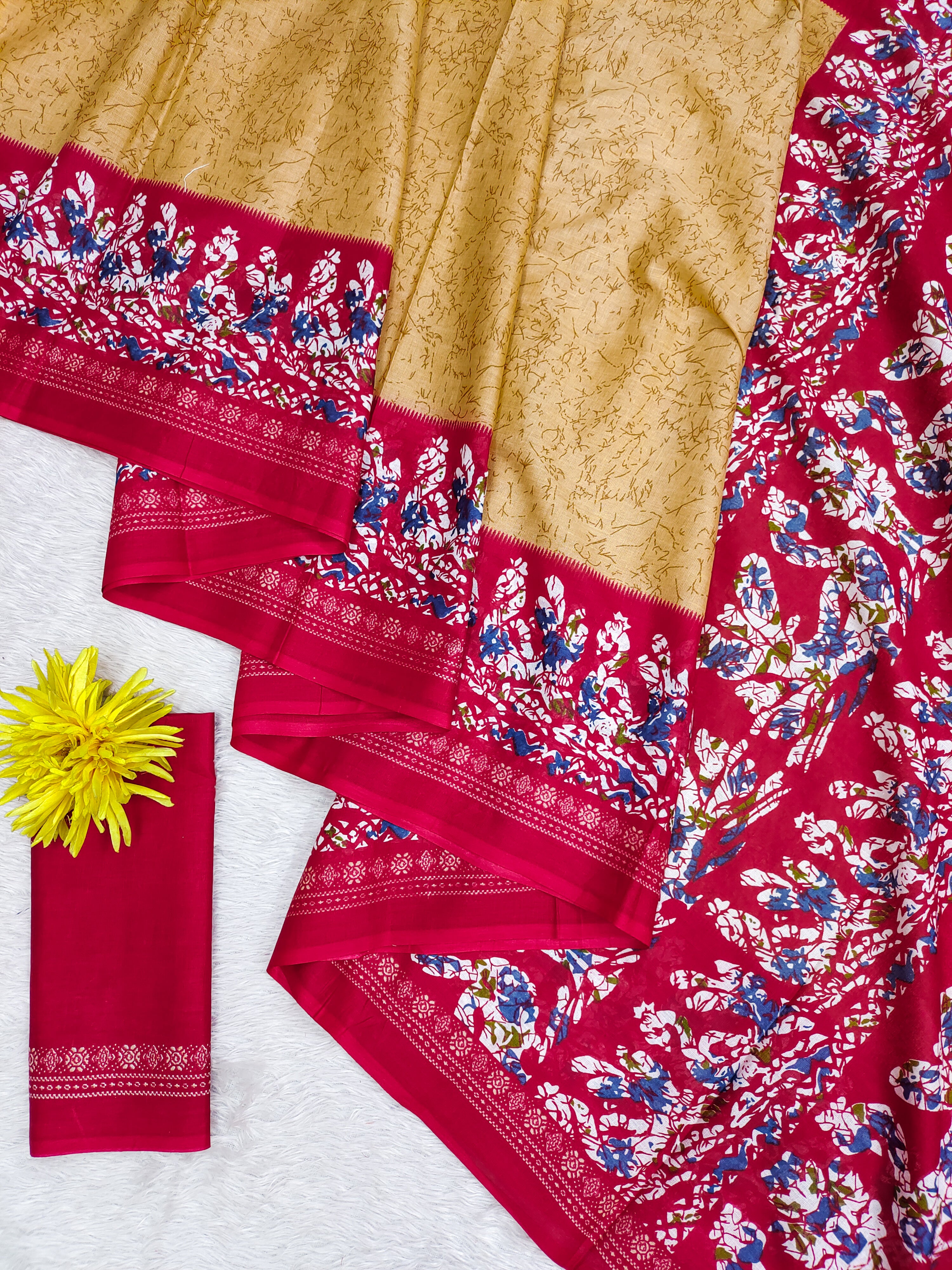 HAND BATIK PRINT MULMUL COTTON GOLDEN SAREE