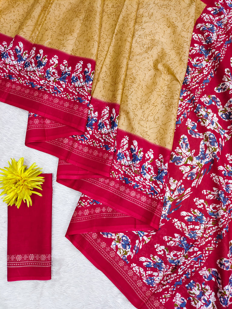 HAND BATIK PRINT MULMUL COTTON GOLDEN SAREE